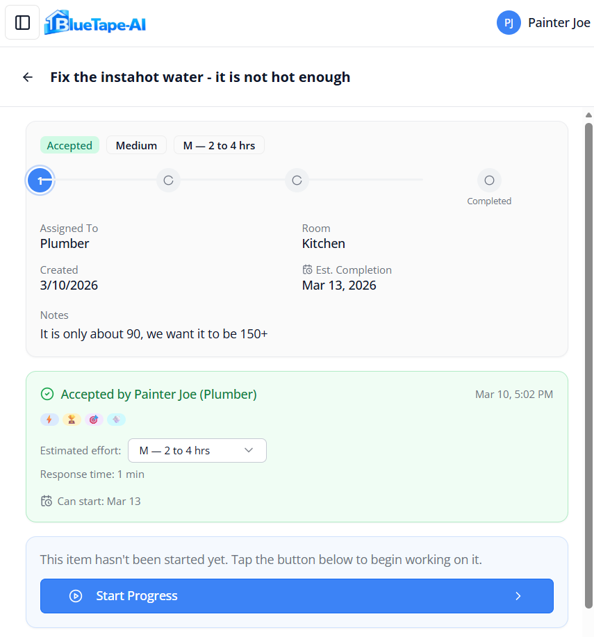 Trade accepting a punch list task with estimated effort, response time, and start date in BlueTape