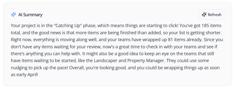 BlueTape AI Summary providing a plain-language project status update with actionable recommendations