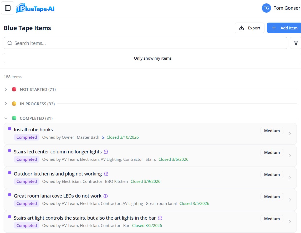 BlueTape punch list items organized by status with search and filtering