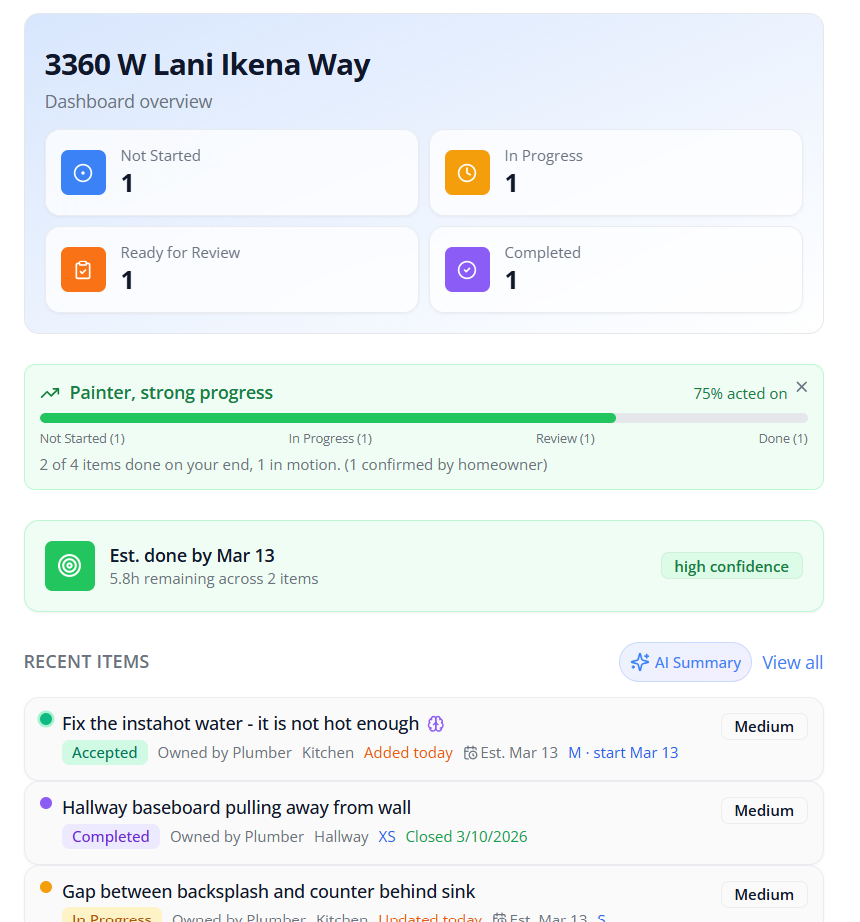 BlueTape project dashboard showing status overview, team progress, and estimated completion