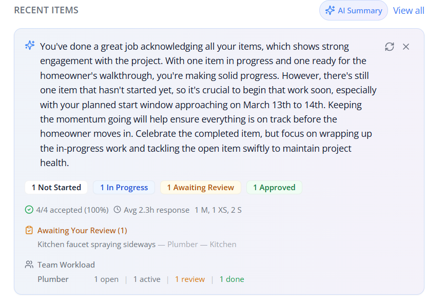 AI-generated summary for a plumber showing task status, response metrics, and actionable recommendations